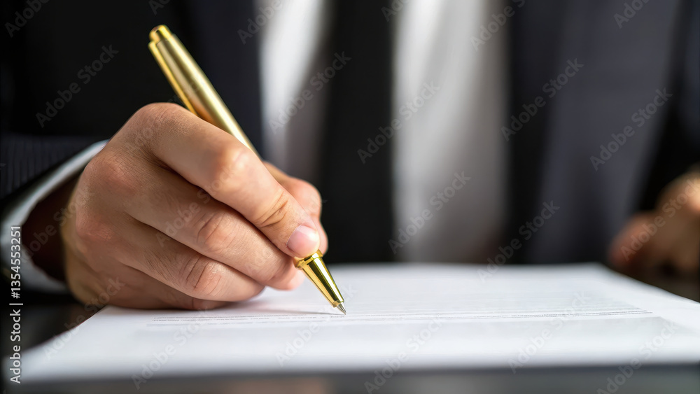 close up of person in formal attire signing document with gold pen, symbolizing professionalism and legal or business agreement. scene conveys focus and precision close up of person in formal attire signing document with gold pen, symbolizing professionalism and legal or business agreement. scene conveys focus and precision