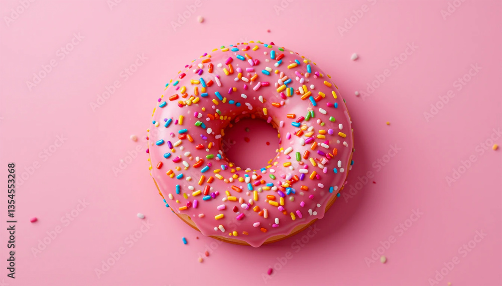 Pink donut with sprinkles on pink background Pink donut with sprinkles on pink background