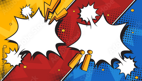 Colorful Retro Comic Explosion Background with Pop Art Style, Halftone Dots, Speech Bubbles, and Dynamic Action Bursts, Featuring a Set of Vibrant Comic Page Frames and blank Conversation Panels