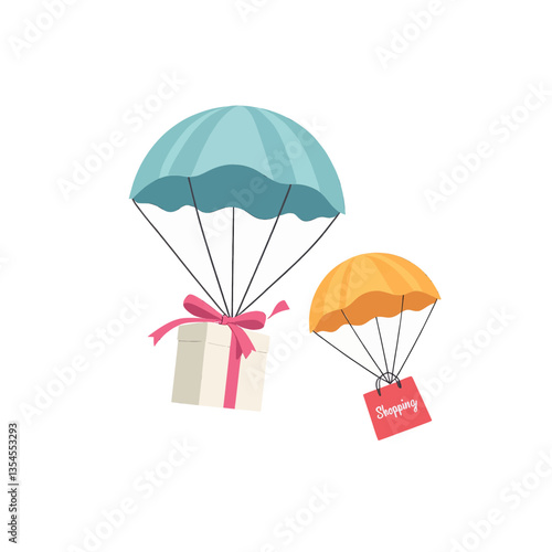 Gift Box and Shopping Bag Descend by Parachute