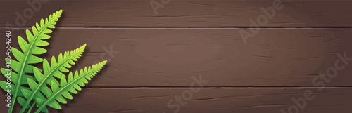 Green ferns on brown wood paneling background