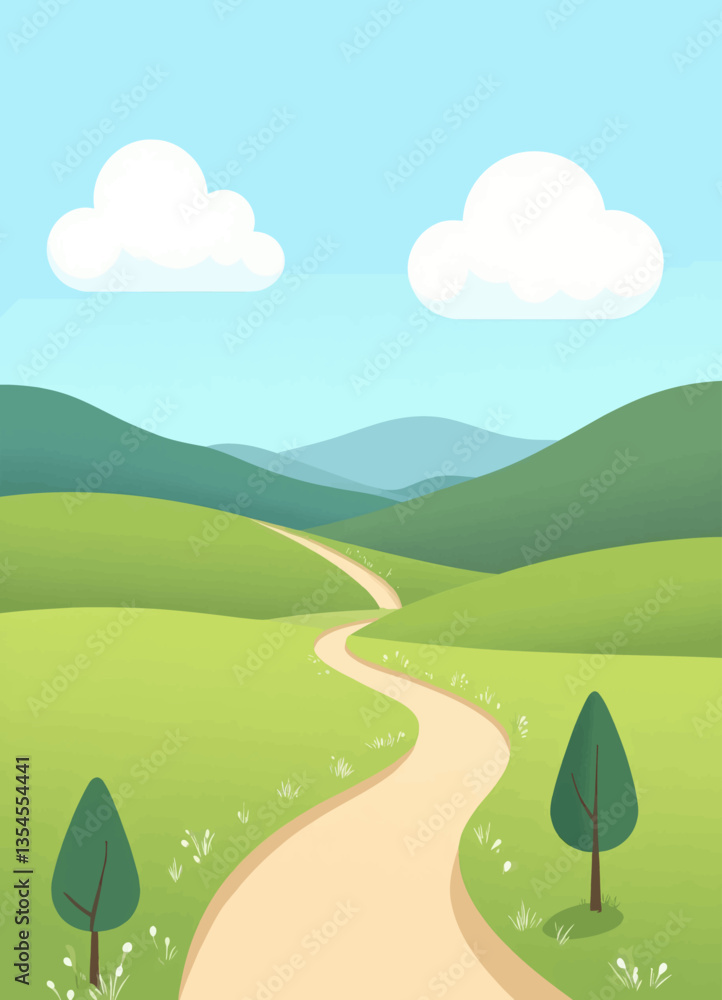 Fototapeta premium Green Hills Road with Clouds and Trees Vector Landscape