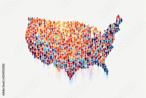 A colorful map of the United States with many people drawn on it. , isolated on white background