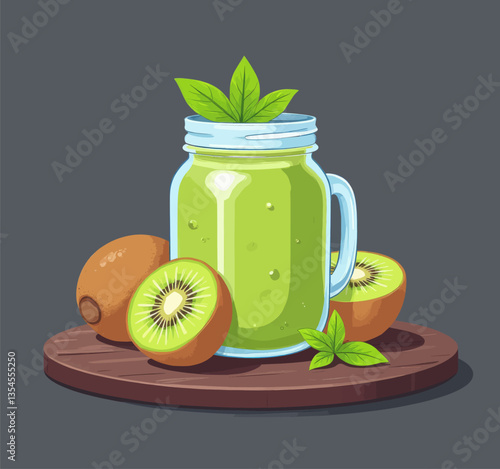 Kiwi Smoothie in Jar with Mint Leaves on Wood Tray