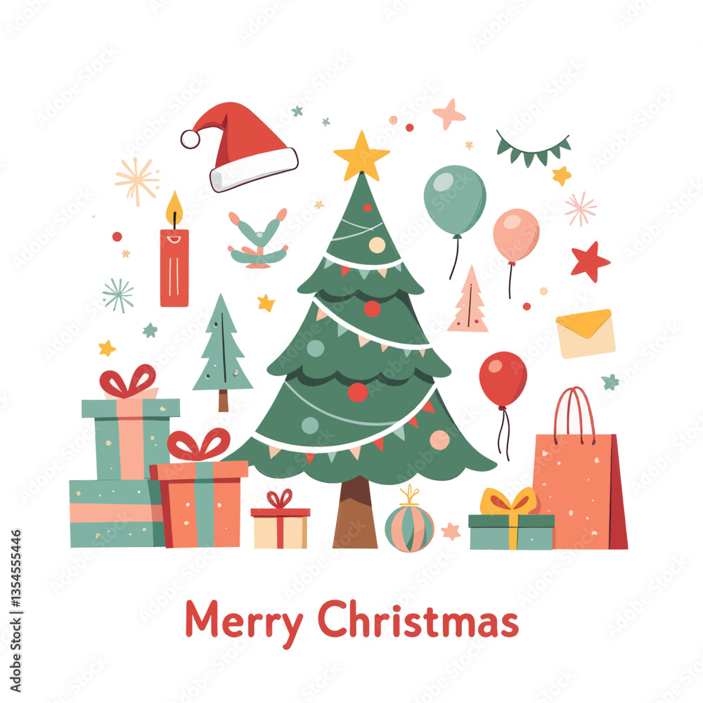 Naklejka premium Merry Christmas card with gifts, balloons, and tree