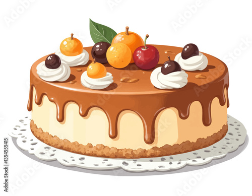 Luscious cake with fruit and caramel drizzle topping