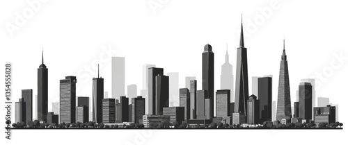 Monochrome skyline rendering with varied skyscrapers