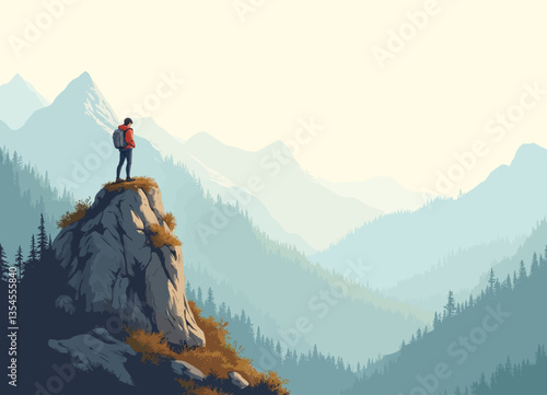 Mountain peak vista with a lone hiker silhouette