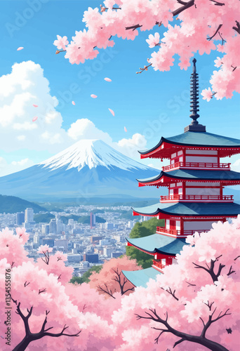 Mount Fuji, Pagoda, and Cherry Blossoms Overlooking a City