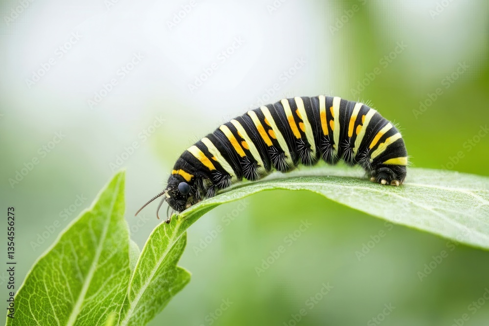 Insects as a part of animals diet. Caterpillar resting on a green leaf with a blurred background. Insects as a part of animals diet. Caterpillar resting on a green leaf with a blurred background.