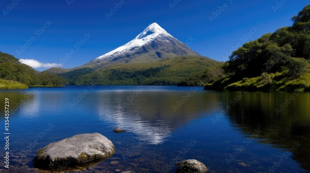 Majestic mountain peak reflected in a tranquil lake. Lush greenery surrounds the water's edge Majestic mountain peak reflected in a tranquil lake. Lush greenery surrounds the water's edge