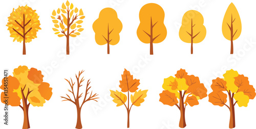 A collection of flat, cartoon-style autumn trees in various shades of orange, yellow, and brown.