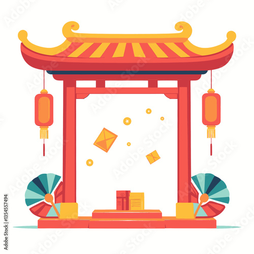 Red Chinese Gate, Hanging Lanterns, Celebration Coins