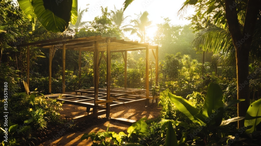 Fototapeta premium Wooden gazebo in lush tropical garden at sunrise. Sunlight streams through dense foliage.