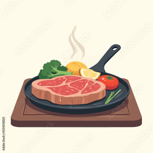 Stylized steak dinner with vegetables on a cast iron skillet