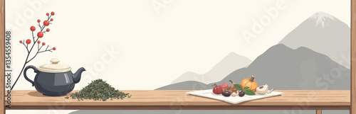 Tranquil Pixel Art Still Life with Tea and Mountain View