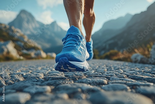 Close-up of runner's feet in blue shoes on cobblestone path, mountain backdrop.