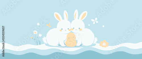 Two White Bunnies with a Yellow Chick and Blue Background