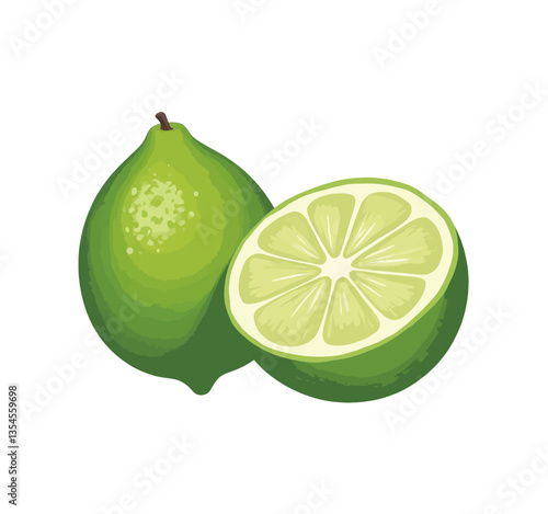Vibrant green limes, whole & halved citrus fruit vector graphic