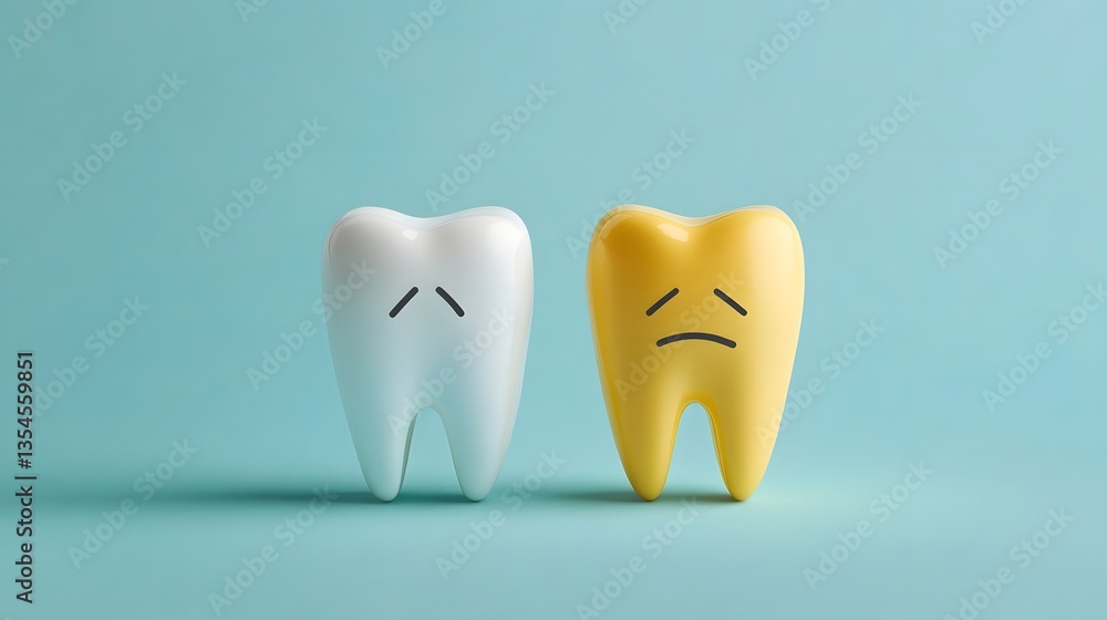 Healthy White Tooth Compared to Sad Yellow Tooth, Dental Care Concept Healthy White Tooth Compared to Sad Yellow Tooth, Dental Care Concept