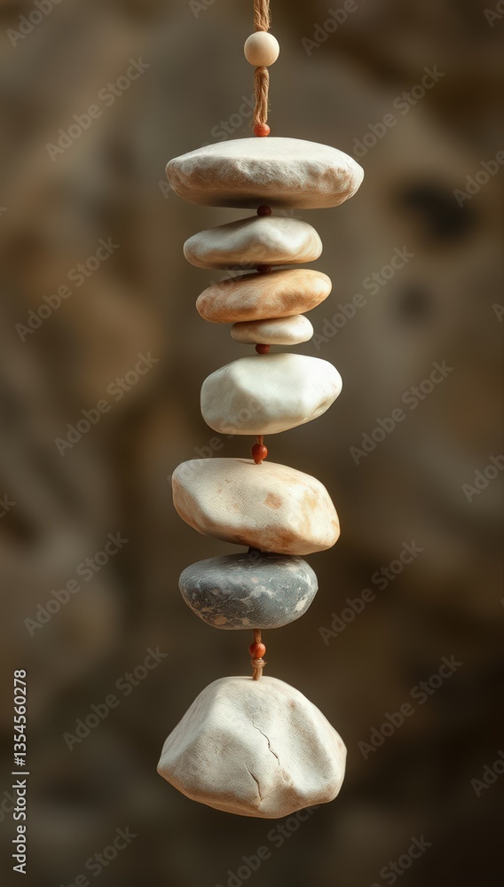 Obraz premium Stacked stones hanging, minimalist, interior design, Wind Chimes Zen and Feng shui concepts