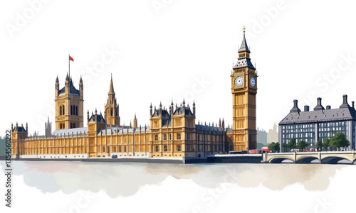 Watercolor View of London's Houses of Parliament and Big Ben