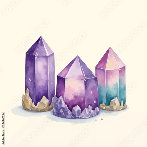 Watercolor Painting of Purple Amethyst Crystals