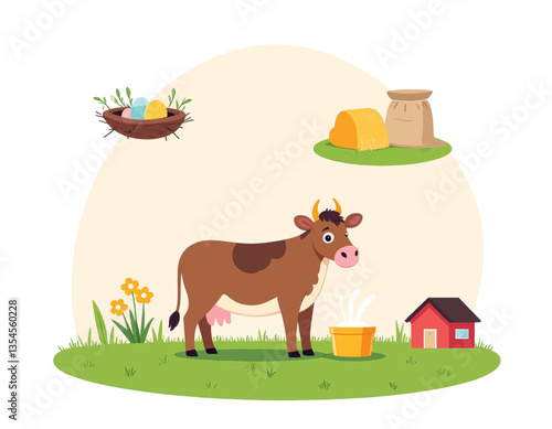 Whimsical Farm Scene with Brown Cow and Eggs