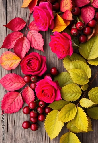 Wallpaper Mural Rustic wooden background, faded autumn leaves, crimson roses, vibrant ashberries, closeup, nature, dark Torontodigital.ca