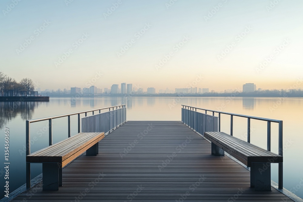 Fototapeta premium Tranquil pier with cityscape backdrop over calm water at dawn for peaceful scenic getaway concept