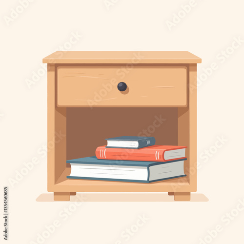 Wooden nightstand with books in its shelf space