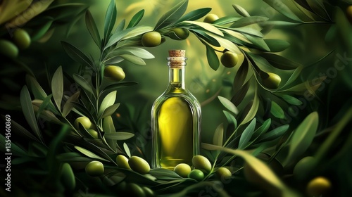 Olives and leaves twisting around glass olive oil bottle on green packground in the center, ad style, hyper realistic, 4k, photo