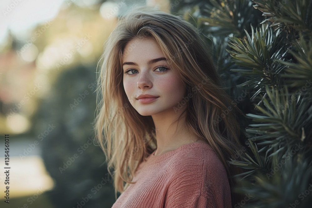 Blonde Woman Leaning on Evergreen Tree Branch in Soft Outdoor Portrait, Freckles and Rosy Cheeks, Natural Light Blonde Woman Leaning on Evergreen Tree Branch in Soft Outdoor Portrait, Freckles and Rosy Cheeks, Natural Light