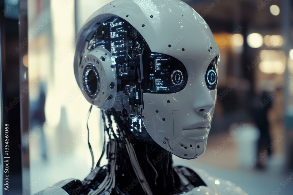 Fototapeta premium Futuristic Humanoid Robot Head with Illuminated Internal Tech Details