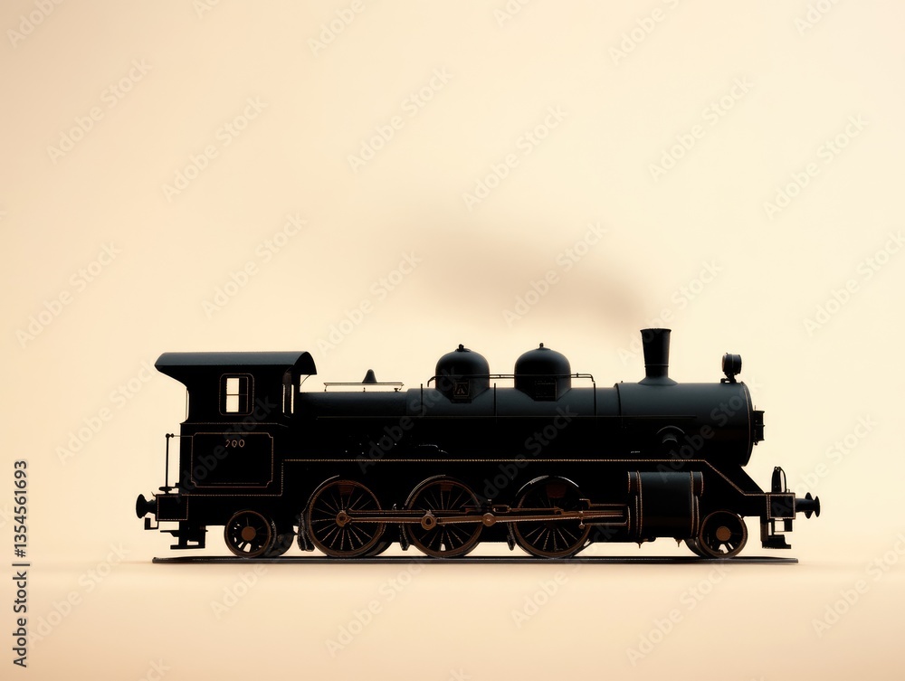 Fototapeta premium Vintage steam locomotive silhouette, side view against a pale background