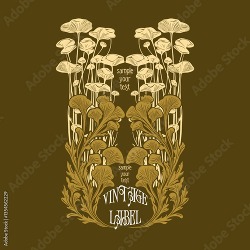 vector vintage items: label art nouveau,mushroom  frame, wedding invitation	
