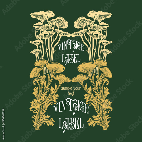 vector vintage items: label art nouveau,mushroom  frame, wedding invitation	
