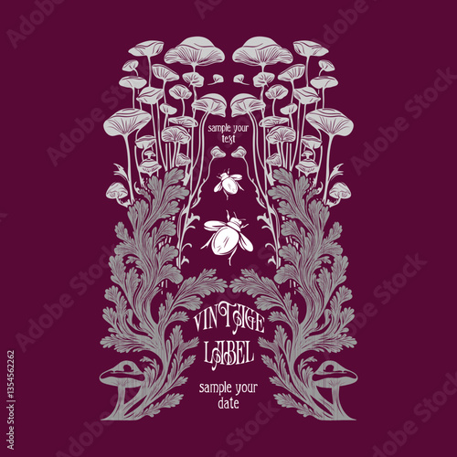 vector vintage items: label art nouveau,mushroom  frame, wedding invitation	

