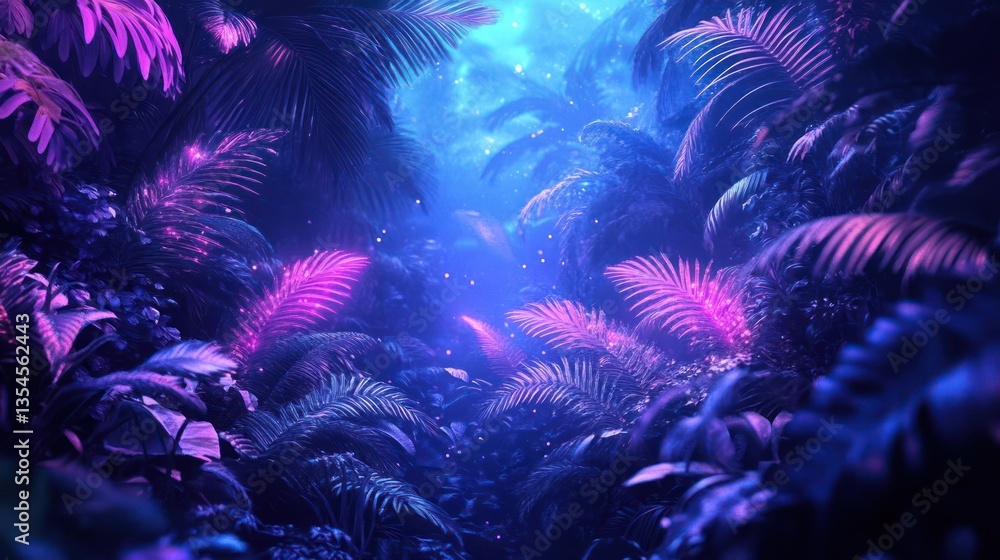 Neon jungle path. Lush, vibrant foliage illuminated by an ethereal glow Neon jungle path. Lush, vibrant foliage illuminated by an ethereal glow