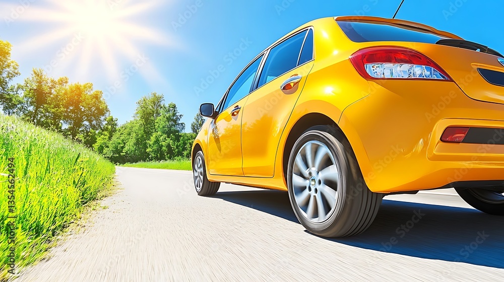Fototapeta premium Yellow car driving on sunny road.