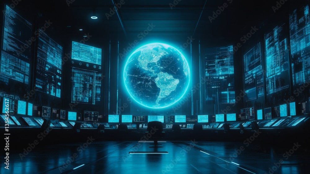 Obraz premium A sleek, futuristic control room featuring a glowing globe projection, multiple data screens, and a clean, immersive technological environment.. AI Generation