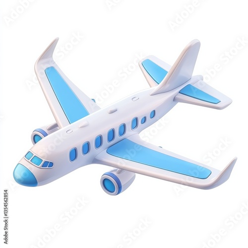Cartoon Airplane Toy Model in White and Blue Shades on a White Background, Perfect for Travel and Transportation Themes