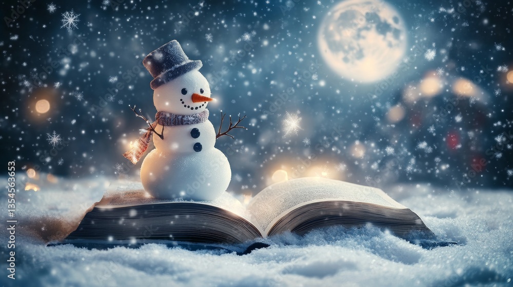 Fototapeta premium A snowman perched on a snowy book, surrounded by snowfall and warm glowing lights, with the moon casting a serene winter glow. Perfect for seasonal and festive designs.. AI Generation