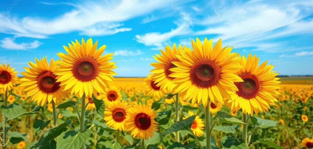 Obraz premium Vibrant yellow sunflowers stand tall against a vast blue sky and expansive field, illustration, day, countryside