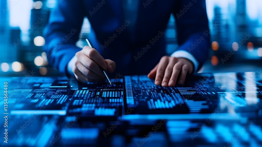 Naklejka premium Business Professional Writing Financial Projections on AI-Driven Data Analytics Interface