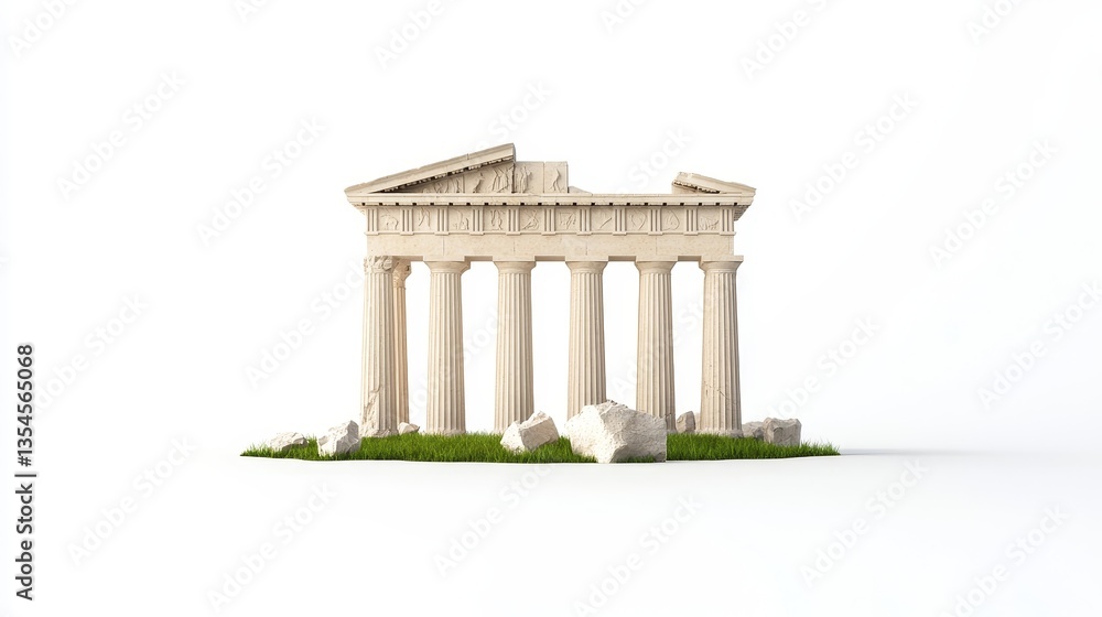 Fototapeta premium Ancient Temple Ruins on Green Grass Isolated on White Background