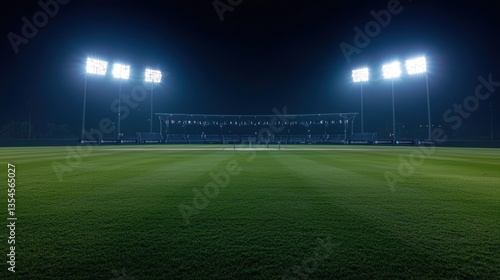 Wideangle shot of a cricket stadium with floodlights at night