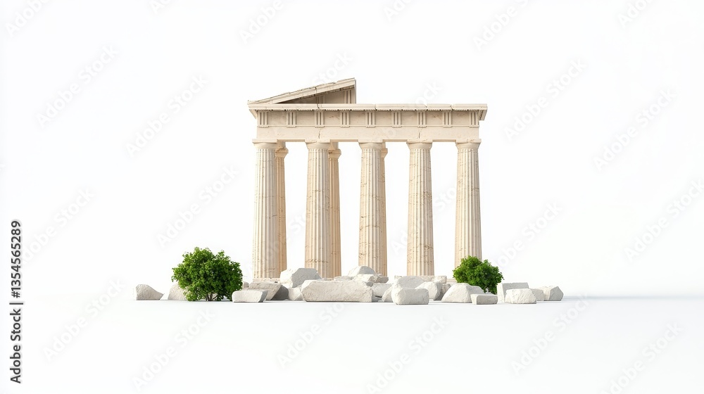 Fototapeta premium Ancient Greek Temple Model with Rocks and Greenery on White Background
