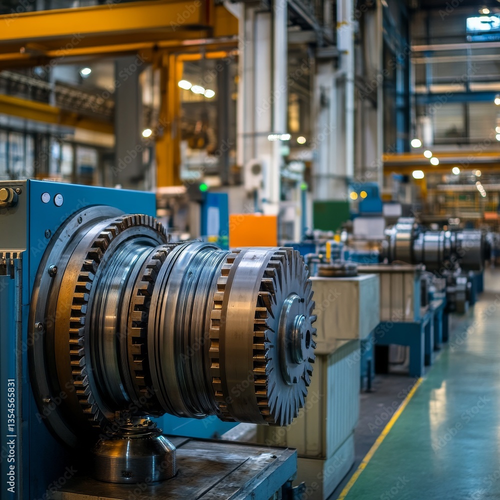 Precision Engineering: Heavy Machinery Component in a Modern Industrial Setting with Advanced Manufacturing Equipment. Precision Engineering: Heavy Machinery Component in a Modern Industrial Setting with Advanced Manufacturing Equipment.