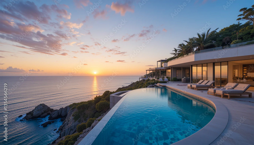 Fototapeta premium Luxury infinity pool overlooking the ocean at sunset